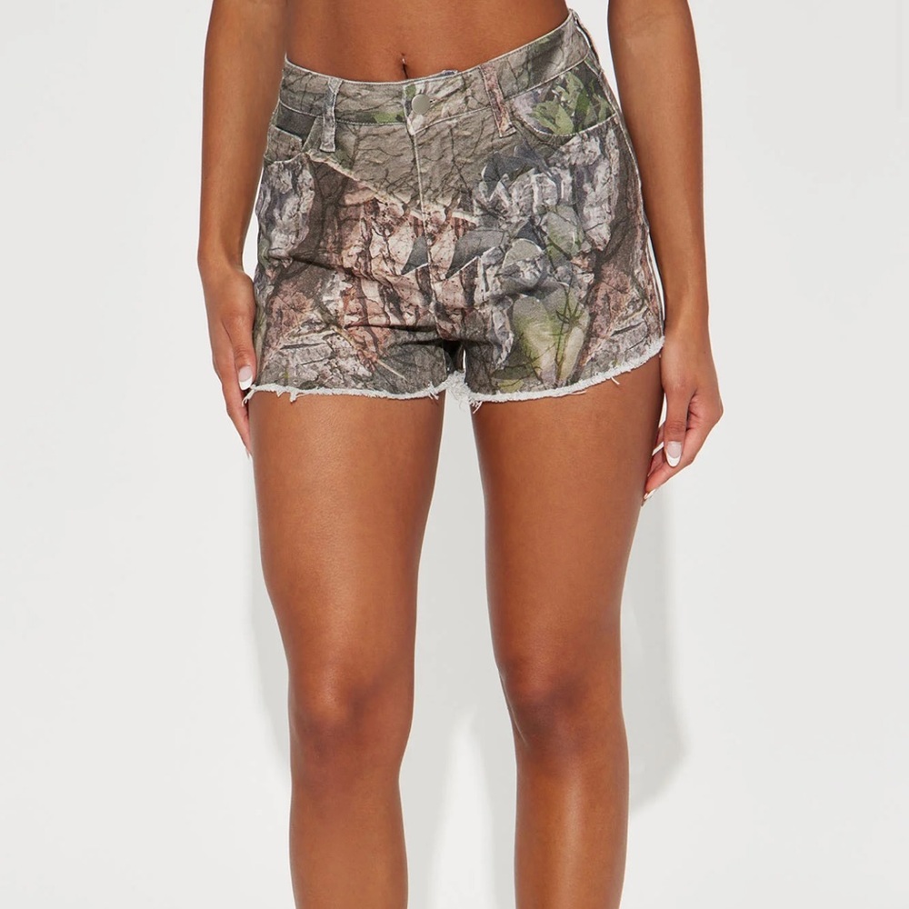Fashion Nova Sneaking Around Camo Stretch Denim Shorts - Olive